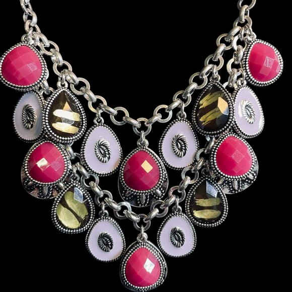 Reversible Statement Necklace Chunky Pink Crystal Boho Silver Coin Layered Y2K - Picture 2 of 10